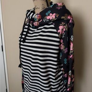AMPERSAND AVE Black and White Striped Hoodie with Floral Accents